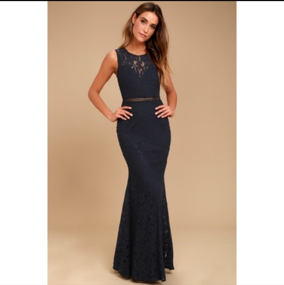 NWT Lulus Navy Blue Lace Formal Evening Maxi Floor Length Dress with Cutouts XL